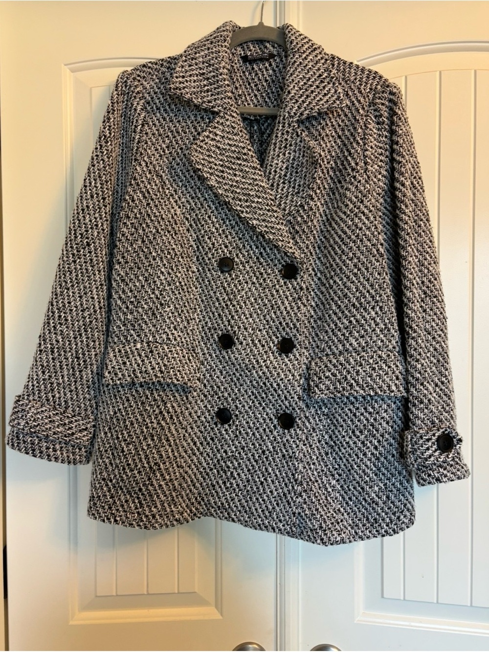 BloomChic Black & White Double-Breasted Tweed Peacoat